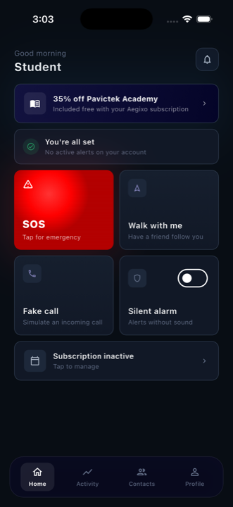 Aegixo student app SOS home screen